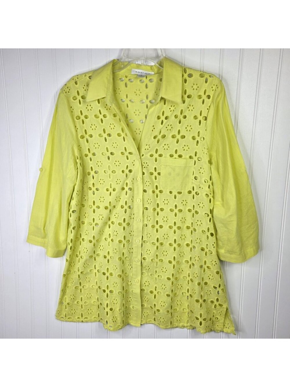 August Silk Tunic Shirt Womens XL Yellow Eyelet Embroidered Crochet Boho Resort